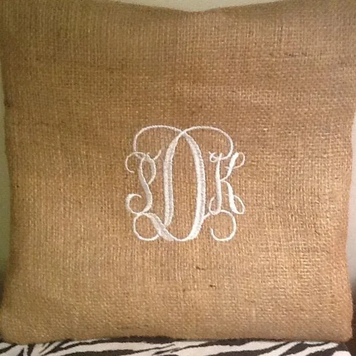 Handmade Personalized Monogram Burlap Throw Pillow Cover,  Housewarming Gift