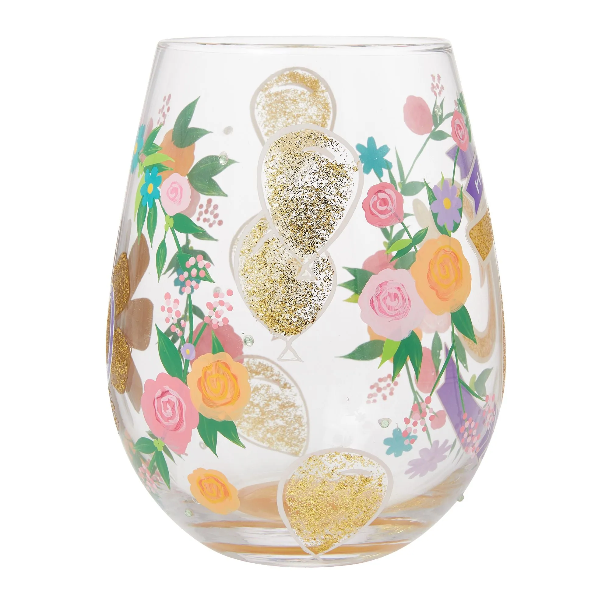 Happy 70th Birthday Hand Painted Stemless Wine Glass