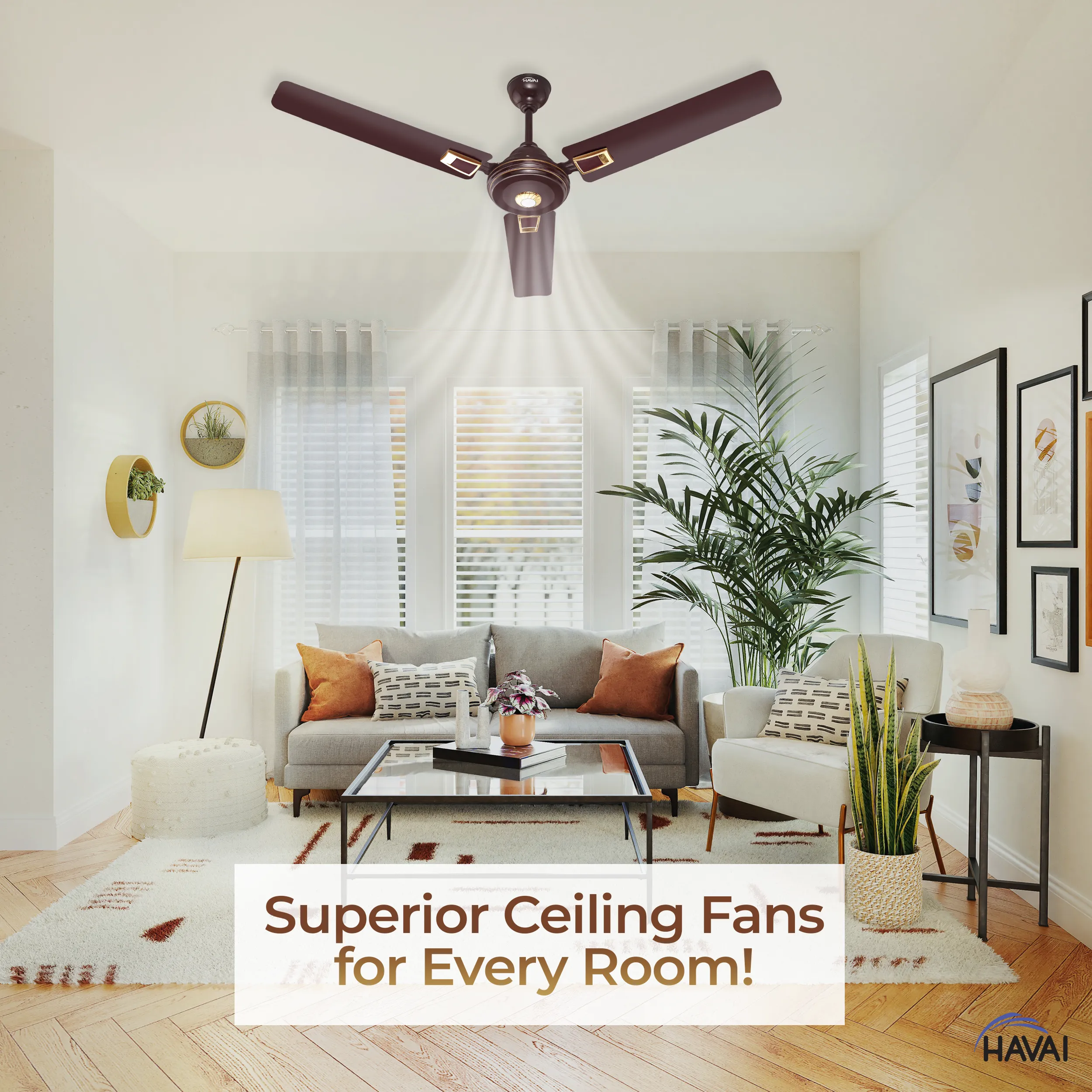 HAVAI Spinel BLDC Ceiling Fan 28W, 1200mm Blade with Remote - CHERRY BROWN, Leaf Deco