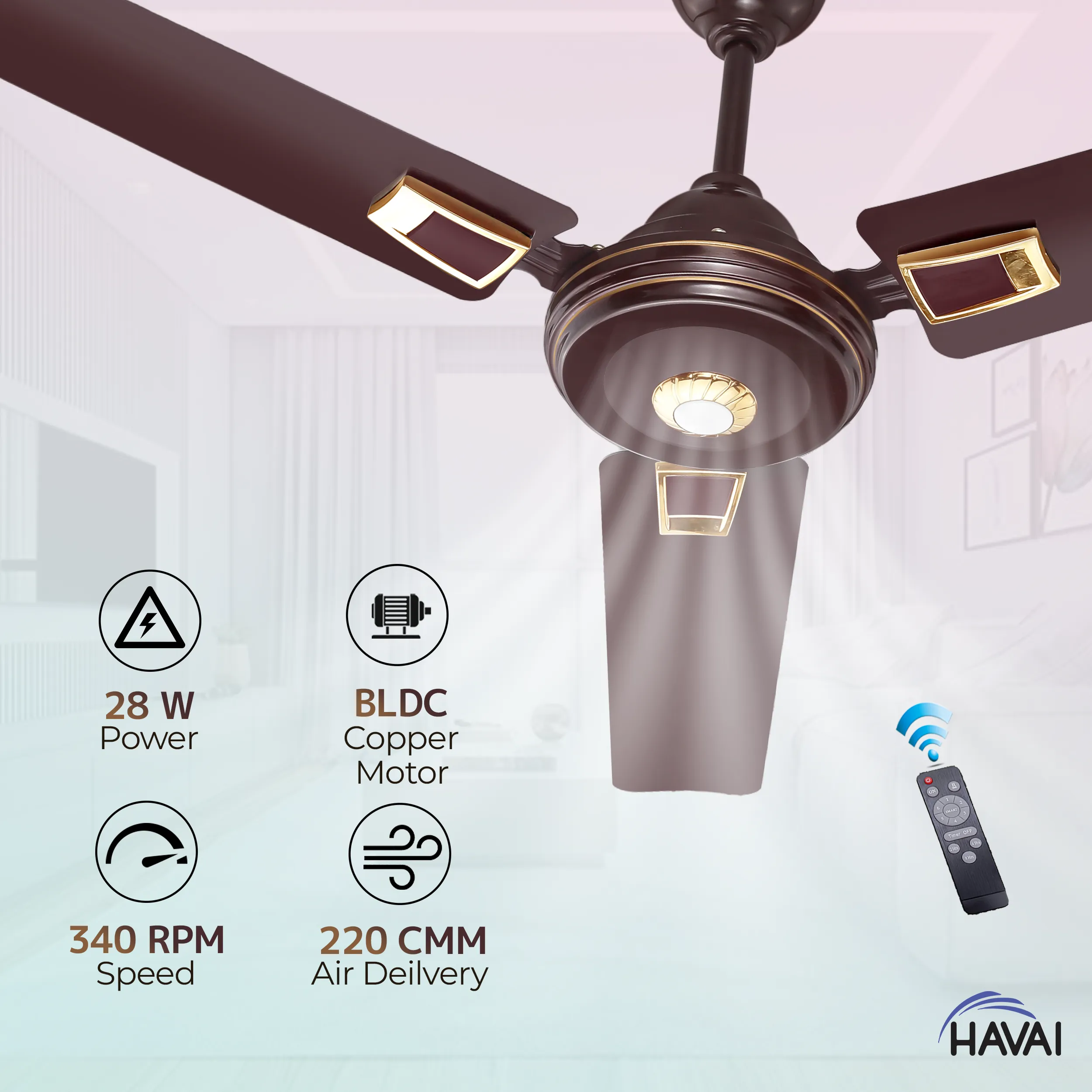 HAVAI Spinel BLDC Ceiling Fan 28W, 1200mm Blade with Remote - CHERRY BROWN, Leaf Deco