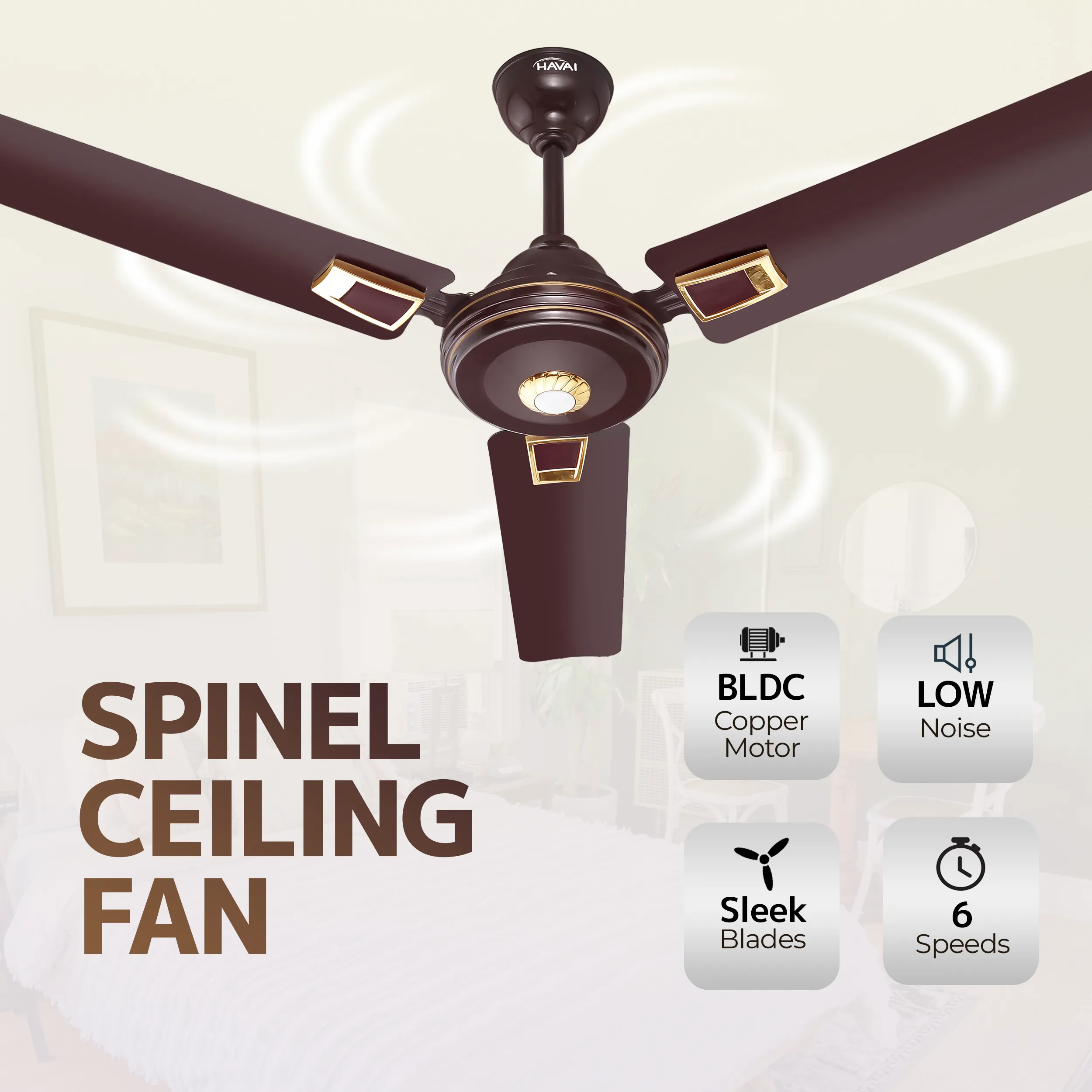 HAVAI Spinel BLDC Ceiling Fan 28W, 1200mm Blade with Remote - CHERRY BROWN, Leaf Deco