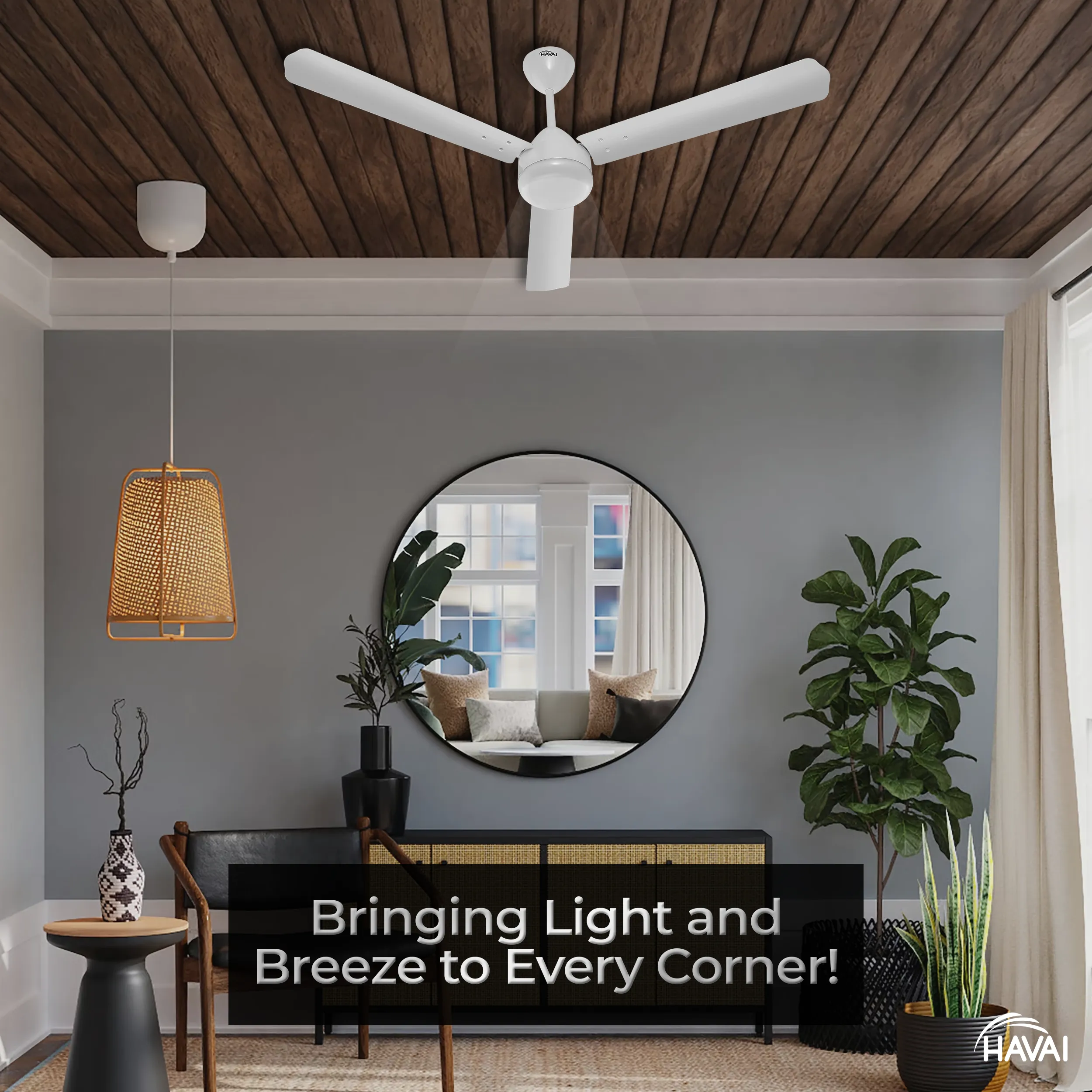 HAVAI Spinel BLDC Ceiling Fan 28W, 1200mm Blade with Remote - White, 0.5W LED