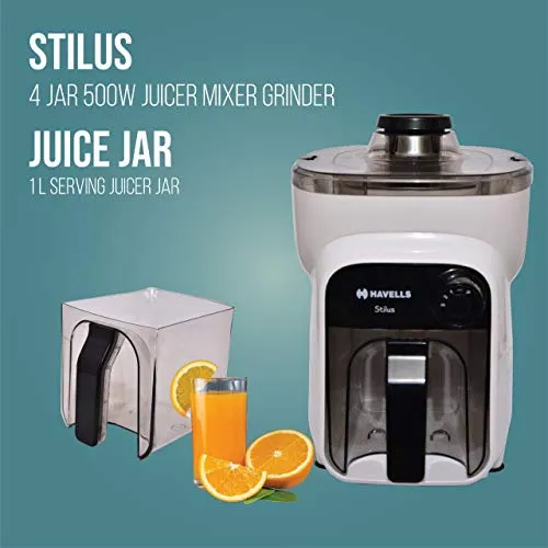 Havells Stilus 500 Watt Juicer Mixer Grinder with 4 jar (White/Black)