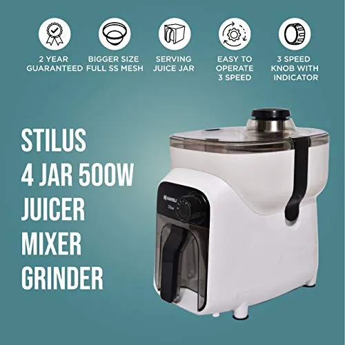 Havells Stilus 500 Watt Juicer Mixer Grinder with 4 jar (White/Black)