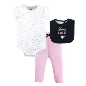 Hudson Baby Cotton Bodysuit, Pant and Bib Set, Shine