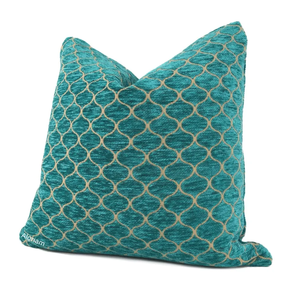 Imani Jewel Teal Green Ogee Lattice Chenille Pillow Cover