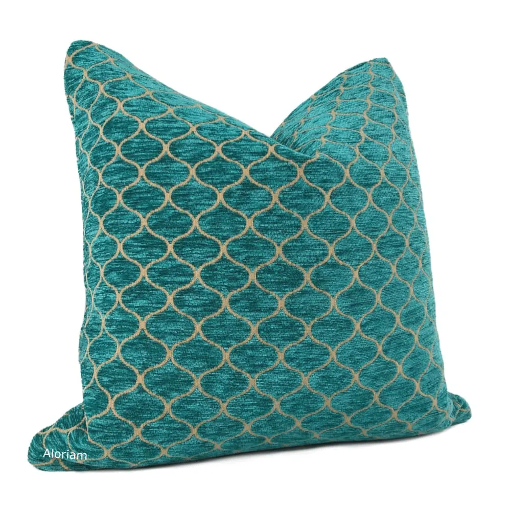 Imani Jewel Teal Green Ogee Lattice Chenille Pillow Cover