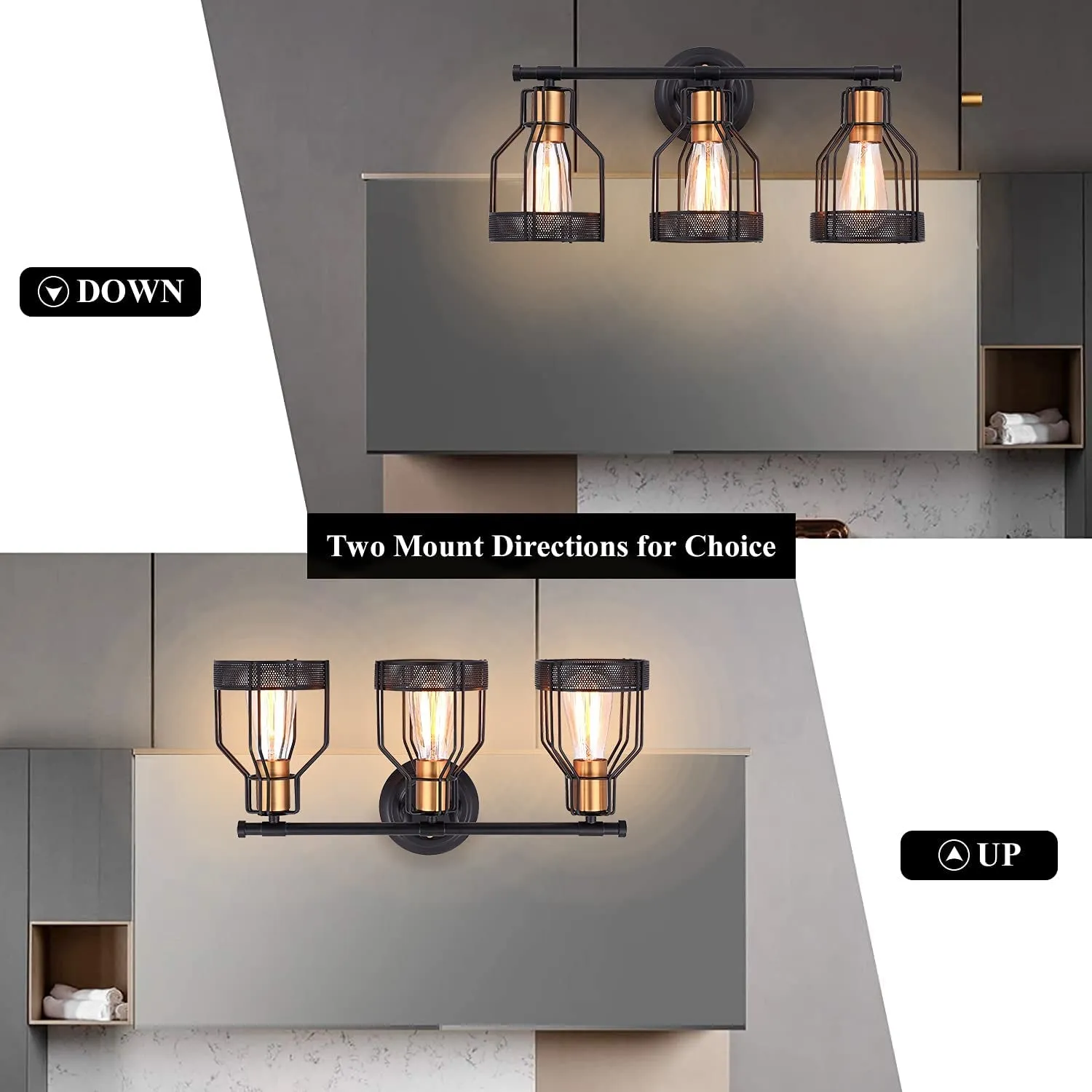 Industrial Bathroom Vanity Light 3 Light Farmhouse Metal Cage Bathroom Wall Light Fixture Black