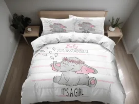 It's a girl! baby gender announcement elephant bedding set, kids bedding full, nursery duvet cover, elephant baby shower, toddler bedding