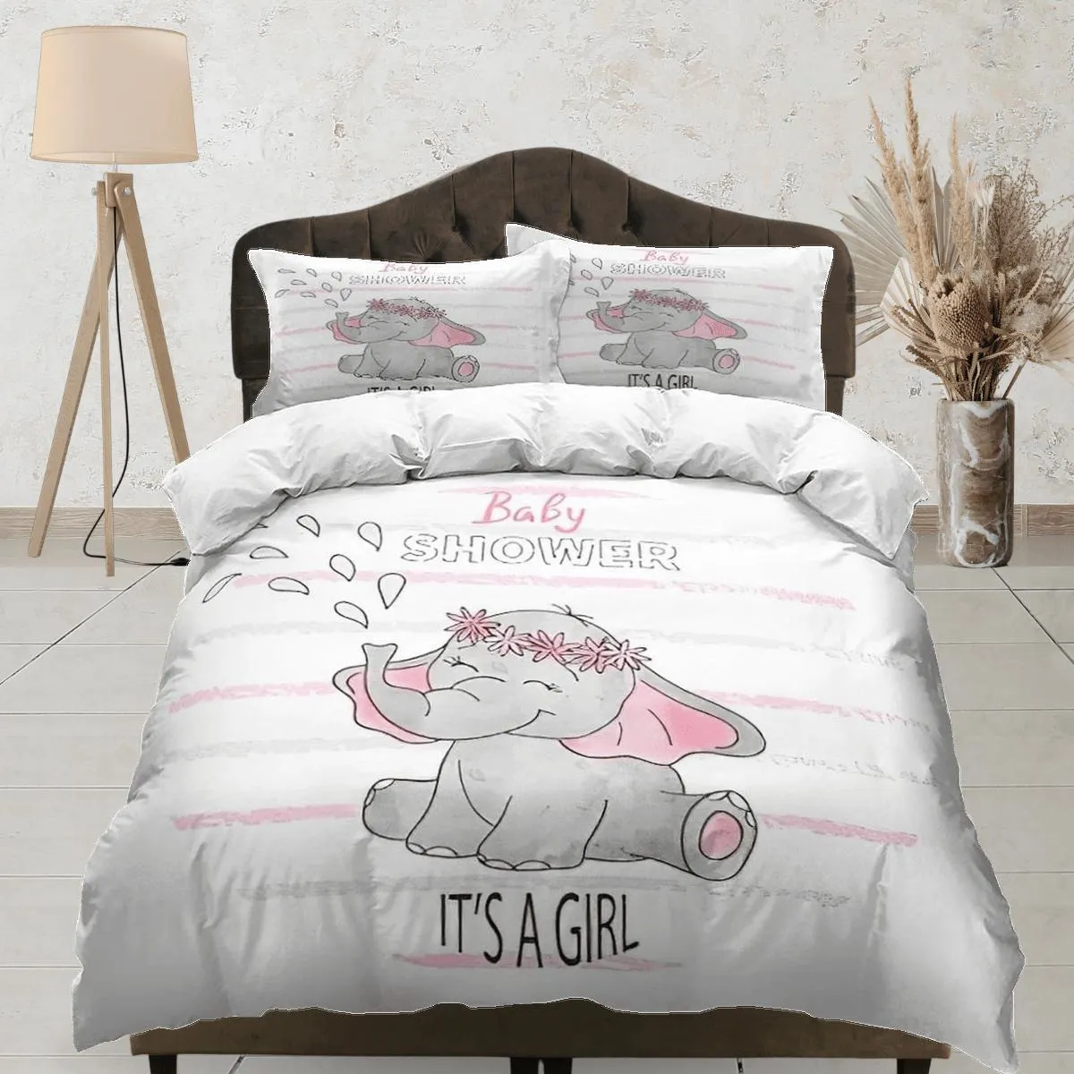 It's a girl! baby gender announcement elephant bedding set, kids bedding full, nursery duvet cover, elephant baby shower, toddler bedding