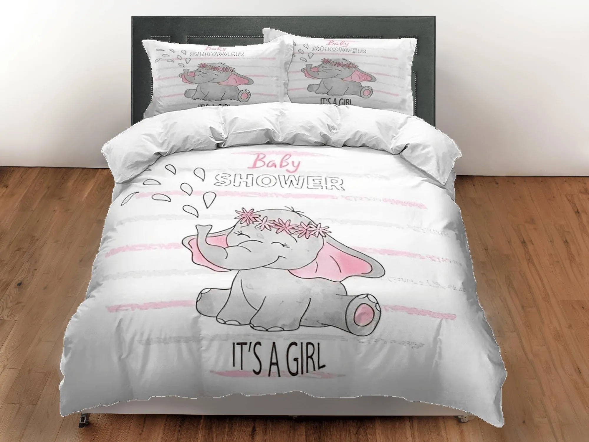 It's a girl! baby gender announcement elephant bedding set, kids bedding full, nursery duvet cover, elephant baby shower, toddler bedding