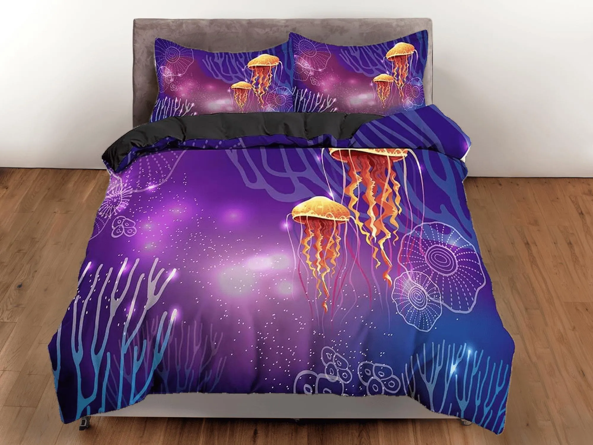 Jellyfish corals bedding purple duvet cover, ocean blush sea animal bedding set full king queen twin crib toddler, college dorm bedding gift