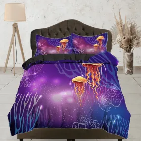 Jellyfish corals bedding purple duvet cover, ocean blush sea animal bedding set full king queen twin crib toddler, college dorm bedding gift