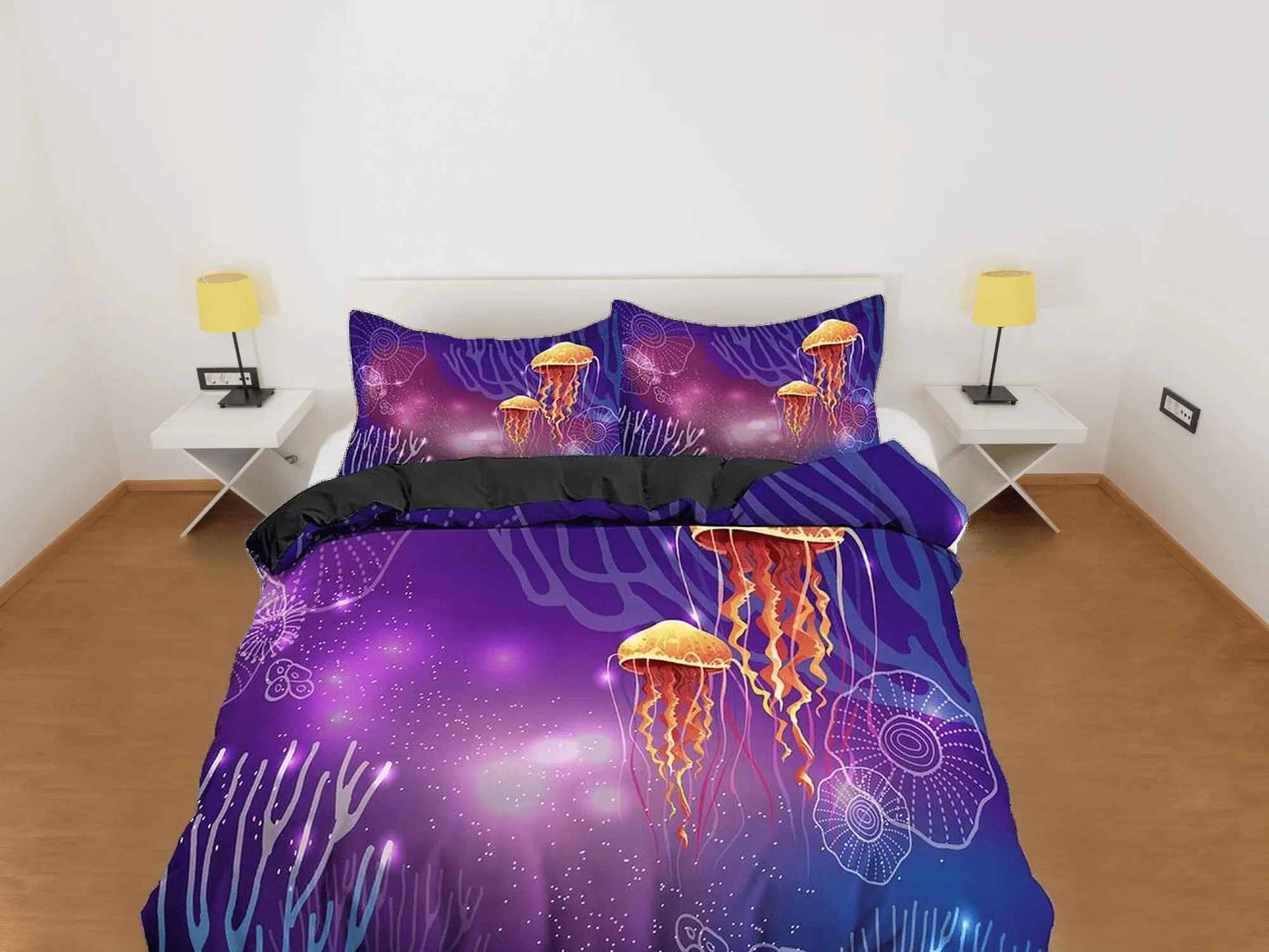 Jellyfish corals bedding purple duvet cover, ocean blush sea animal bedding set full king queen twin crib toddler, college dorm bedding gift