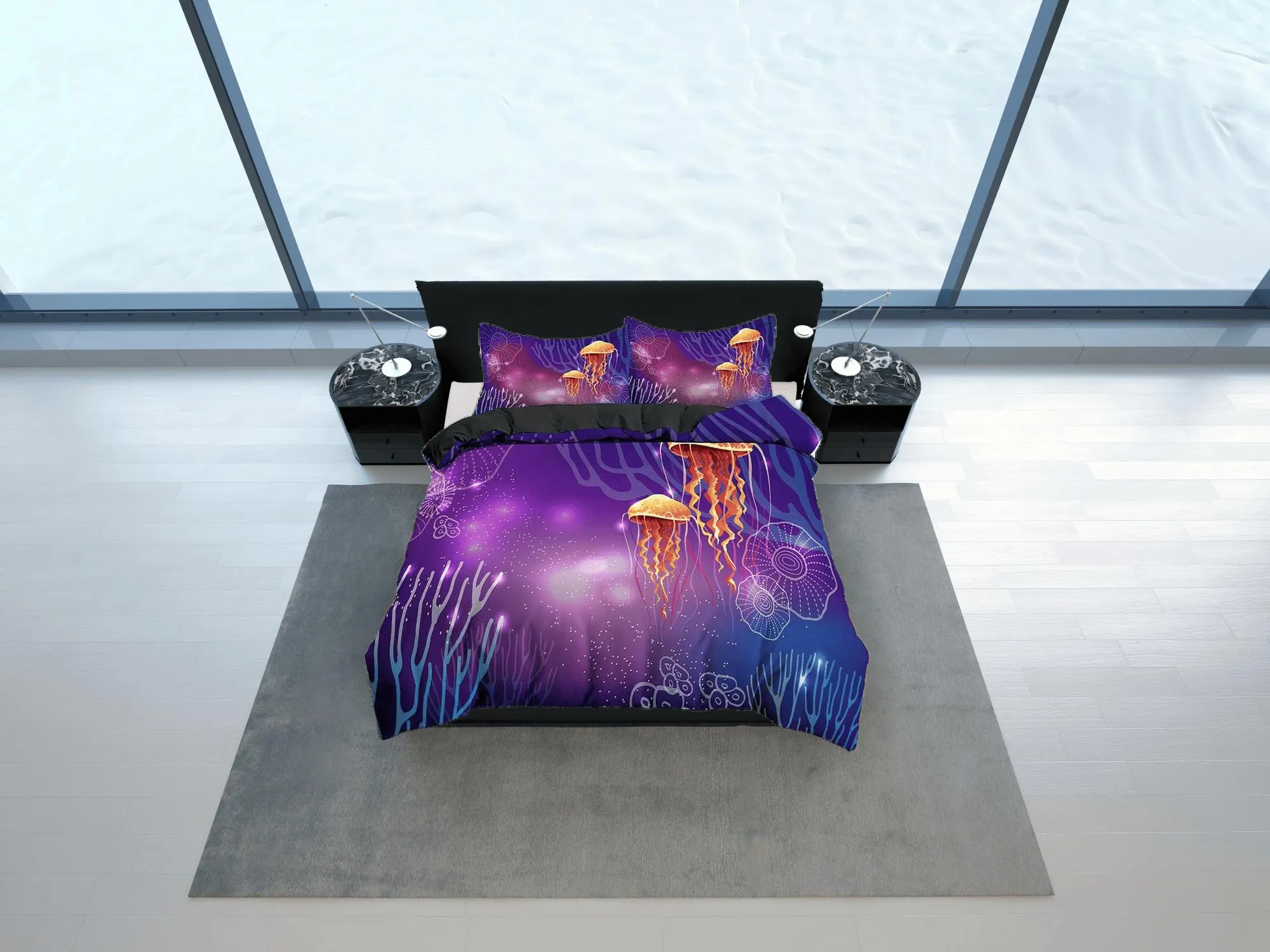 Jellyfish corals bedding purple duvet cover, ocean blush sea animal bedding set full king queen twin crib toddler, college dorm bedding gift