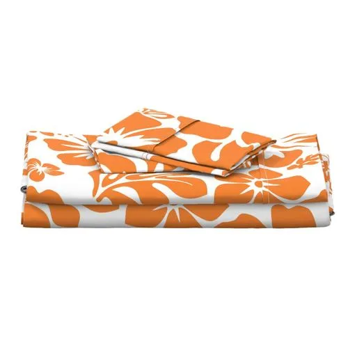 Juicy Orange Hawaiian Flowers on White Sheet Set from Surfer Bedding™️ Medium Scale