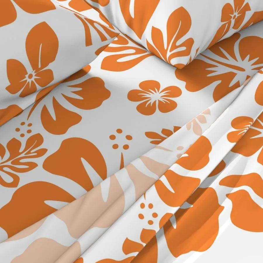 Juicy Orange Hawaiian Flowers on White Sheet Set from Surfer Bedding™️ Medium Scale