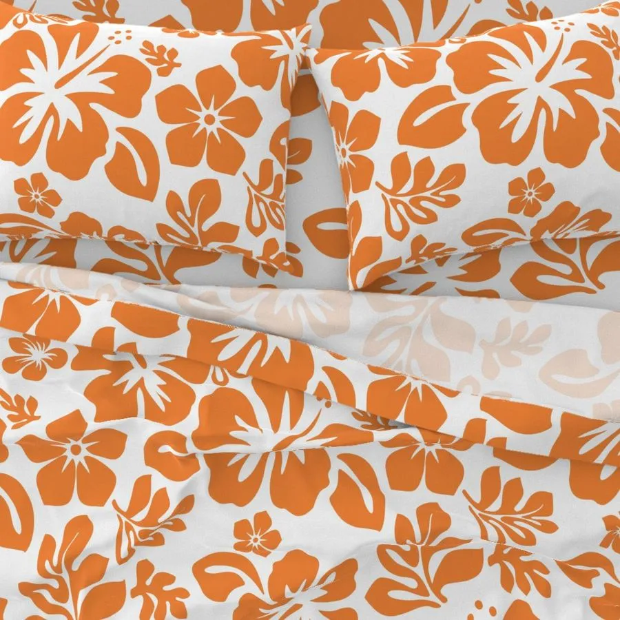 Juicy Orange Hawaiian Flowers on White Sheet Set from Surfer Bedding™️ Medium Scale