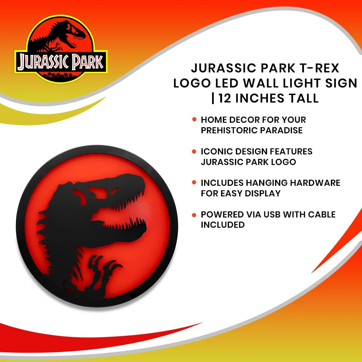 Jurassic Park T-Rex Logo LED Wall Light Sign | 12 Inches Tall