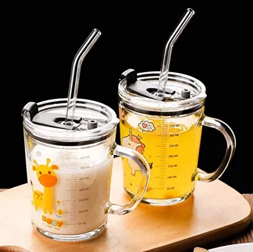 KiKiluxxa Cartoon Print Creative Milk Glass Sipper Cup/Mug with Handle and Spill Proof Lid and Straw Tumbler - Random Design (Transparent, 350ml)