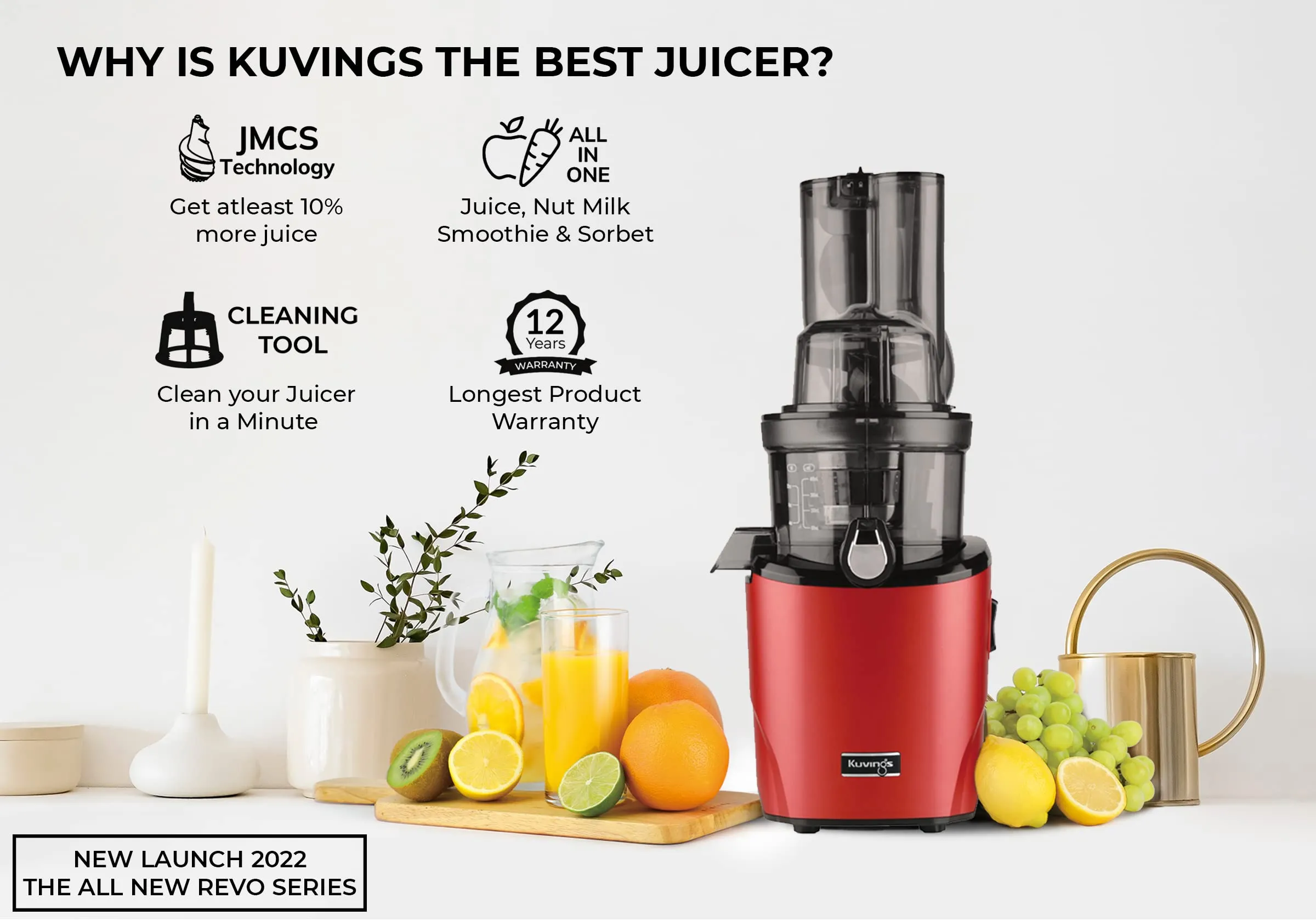 Kuvings REVO830 Black Luxury Cold Press Whole Slow Juicer (2023 New Launch), World's First Juicer with Patented Automatic-Cutting Auger to reduce juicing time, 12 Years Manufactuer Warranty, 240W