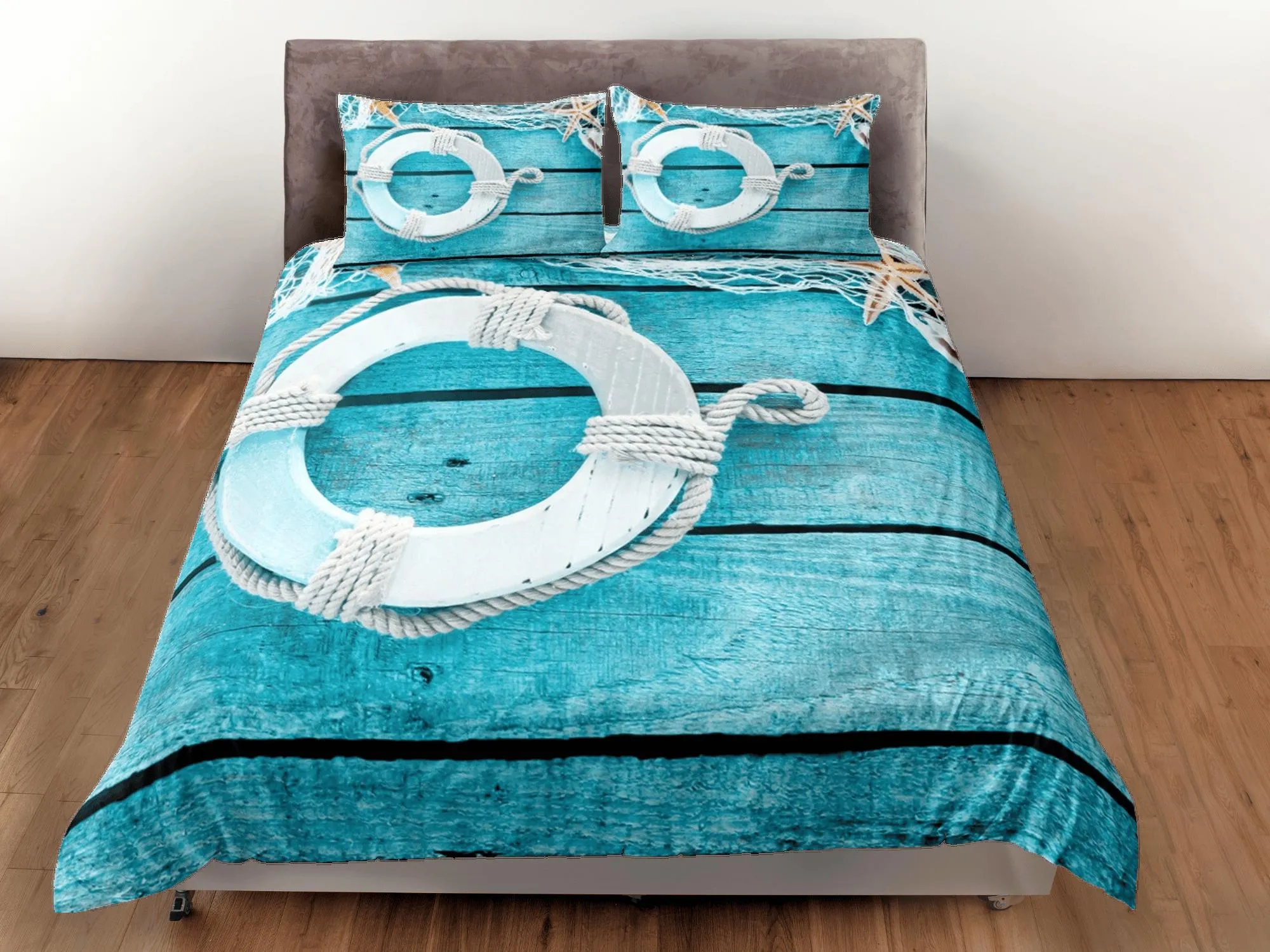 Lifebuoy coastal grandma aquamarine blue duvet cover nautical bedding set full queen king, aesthetic beach room, ocean lover gift seaman