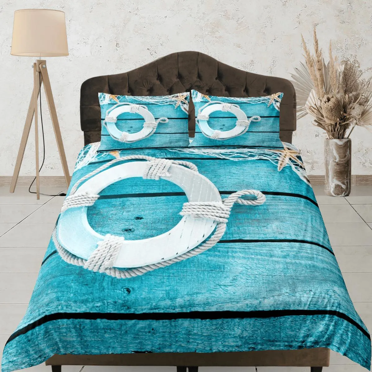 Lifebuoy coastal grandma aquamarine blue duvet cover nautical bedding set full queen king, aesthetic beach room, ocean lover gift seaman