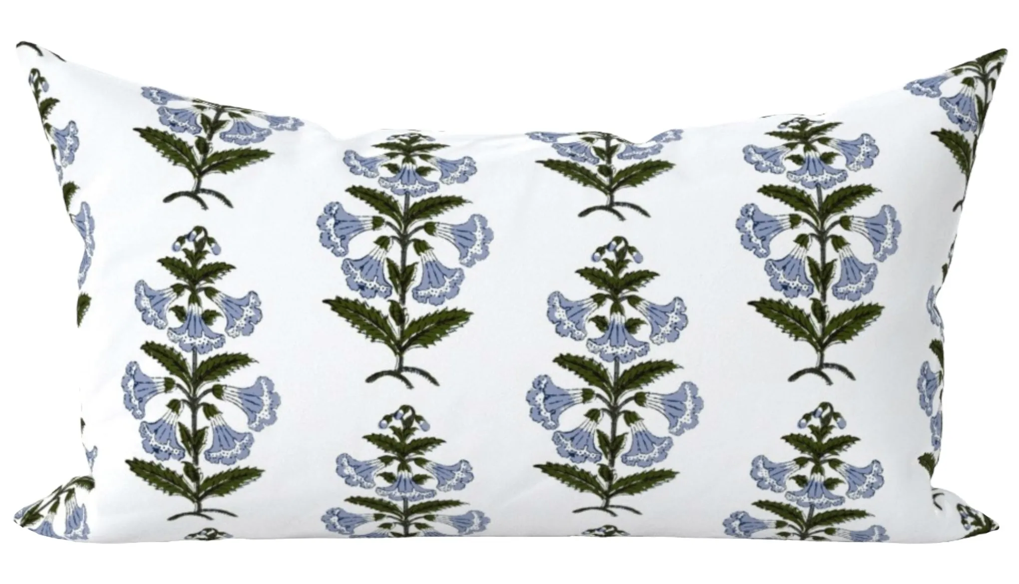 Light Blue and Green Petunia Block Printed Canvas Pillow Cover: Available in 10 Sizes