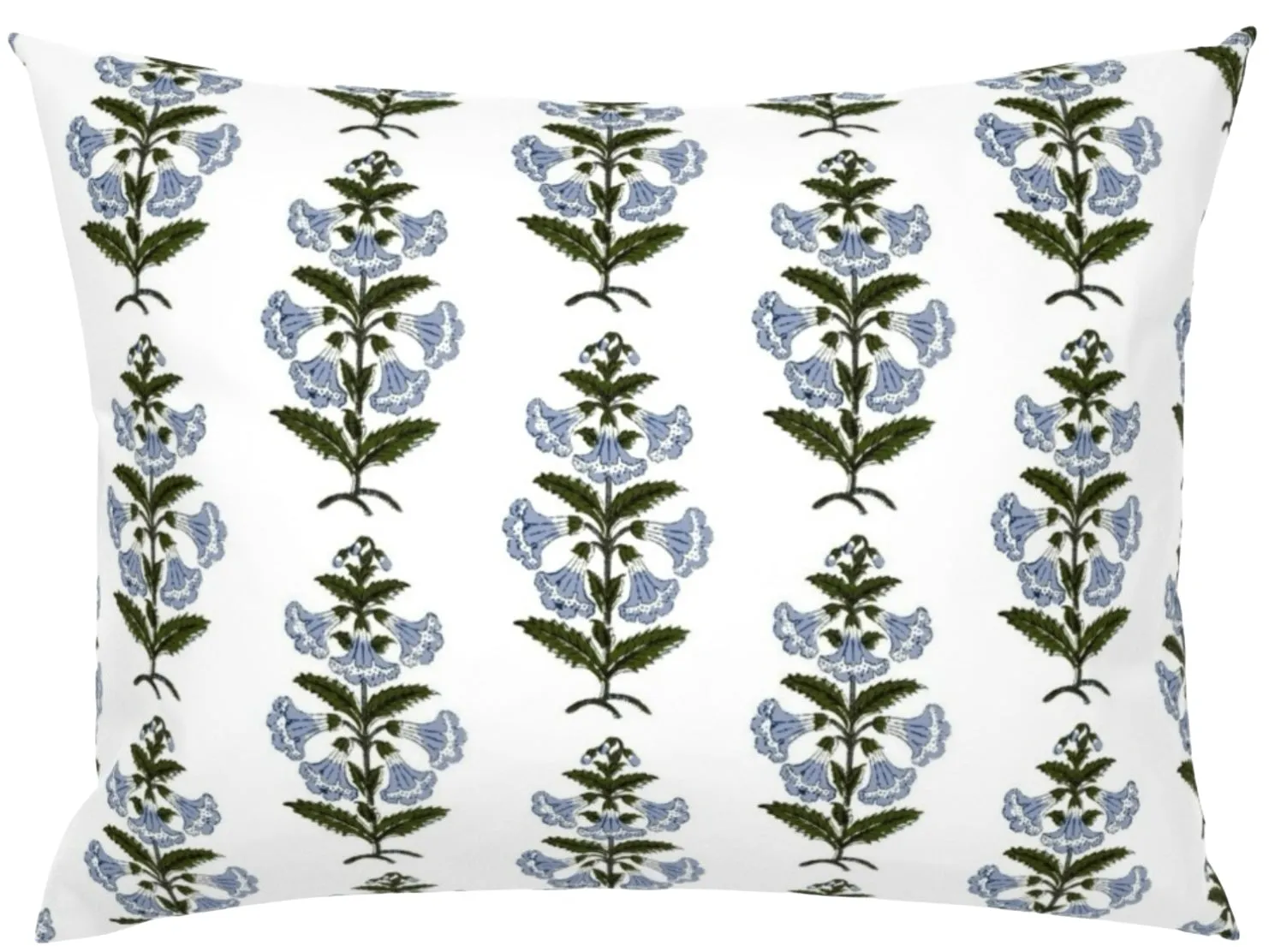 Light Blue and Green Petunia Block Printed Canvas Pillow Cover: Available in 10 Sizes