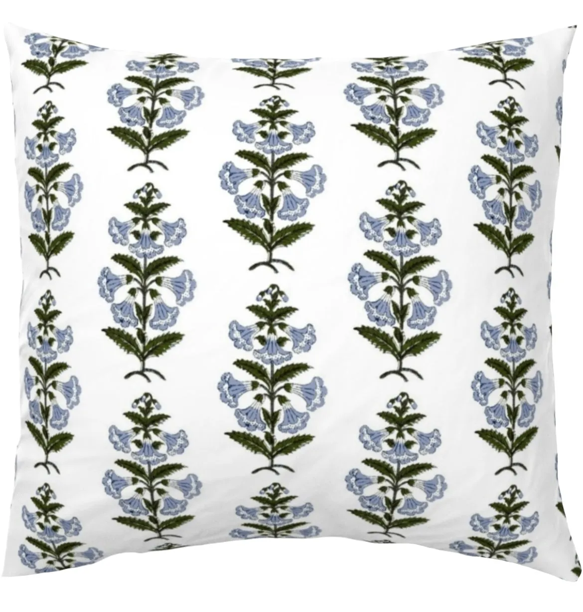 Light Blue and Green Petunia Block Printed Canvas Pillow Cover: Available in 10 Sizes