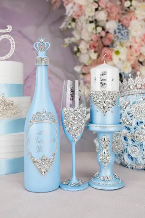 Light blue quinceanera package of bottle, glass and candle