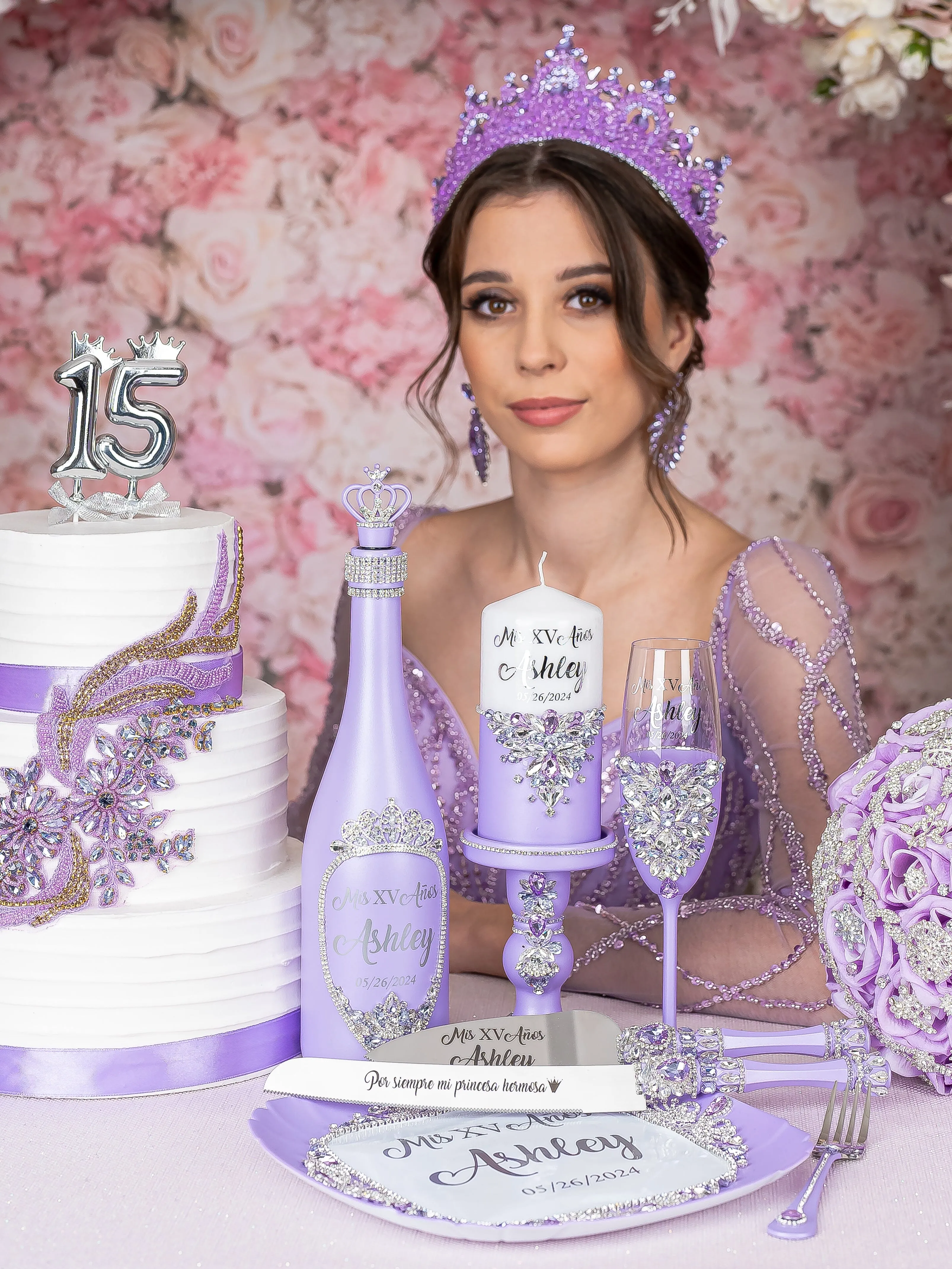 Lilac quinceanera bottle with 1 glass