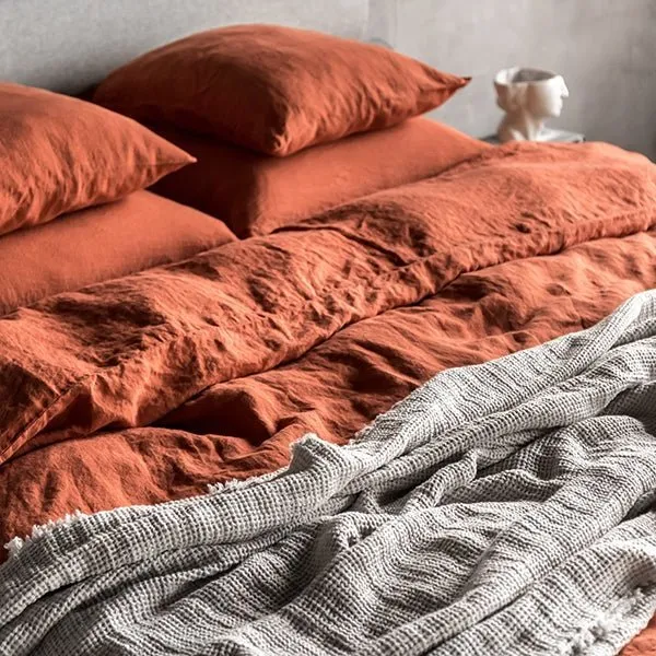 Linen Bedding Set - Duvet Cover, Sheet and Pillow Cover | 4 Pc Set | Rust Orange