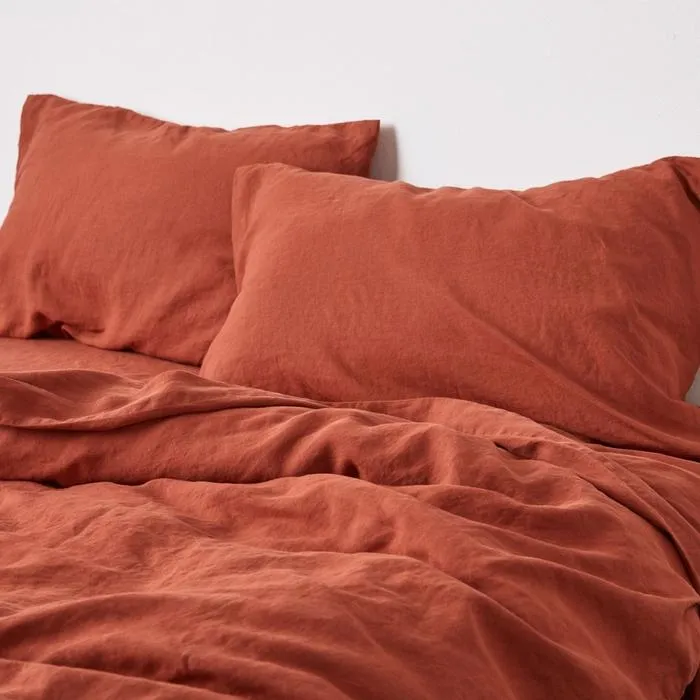 Linen Bedding Set - Duvet Cover, Sheet and Pillow Cover | 4 Pc Set | Rust Orange