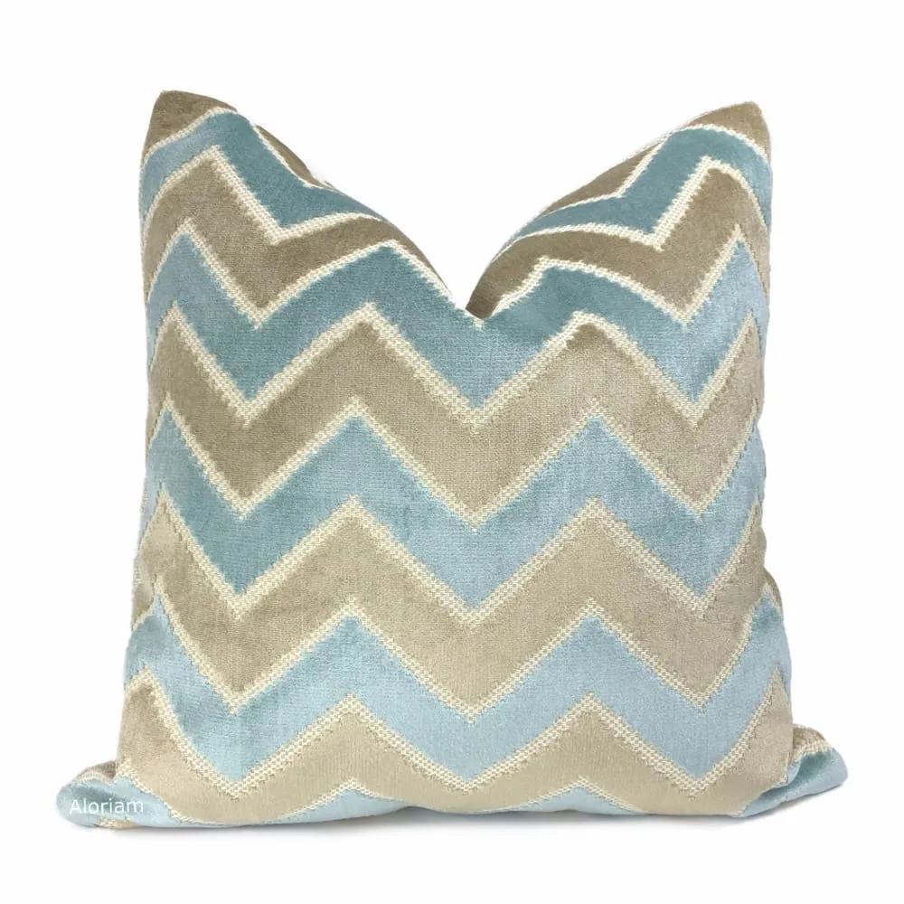 Malibu Robins Egg Blue & Taupe Beige Velvet Chevron Pillow Cover