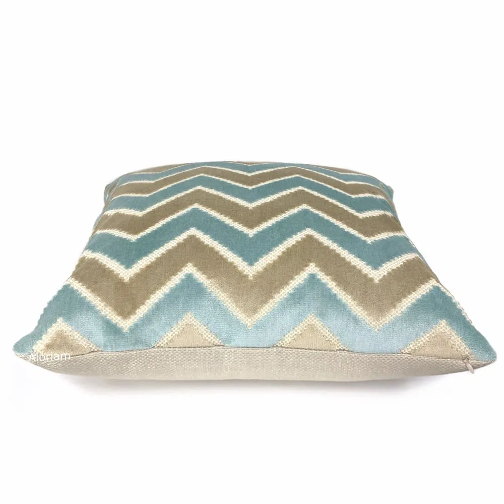 Malibu Robins Egg Blue & Taupe Beige Velvet Chevron Pillow Cover