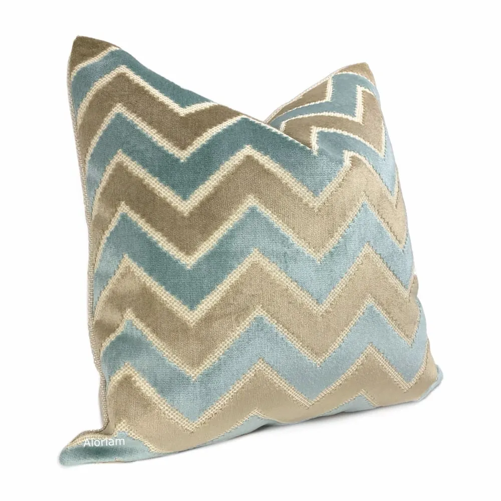 Malibu Robins Egg Blue & Taupe Beige Velvet Chevron Pillow Cover