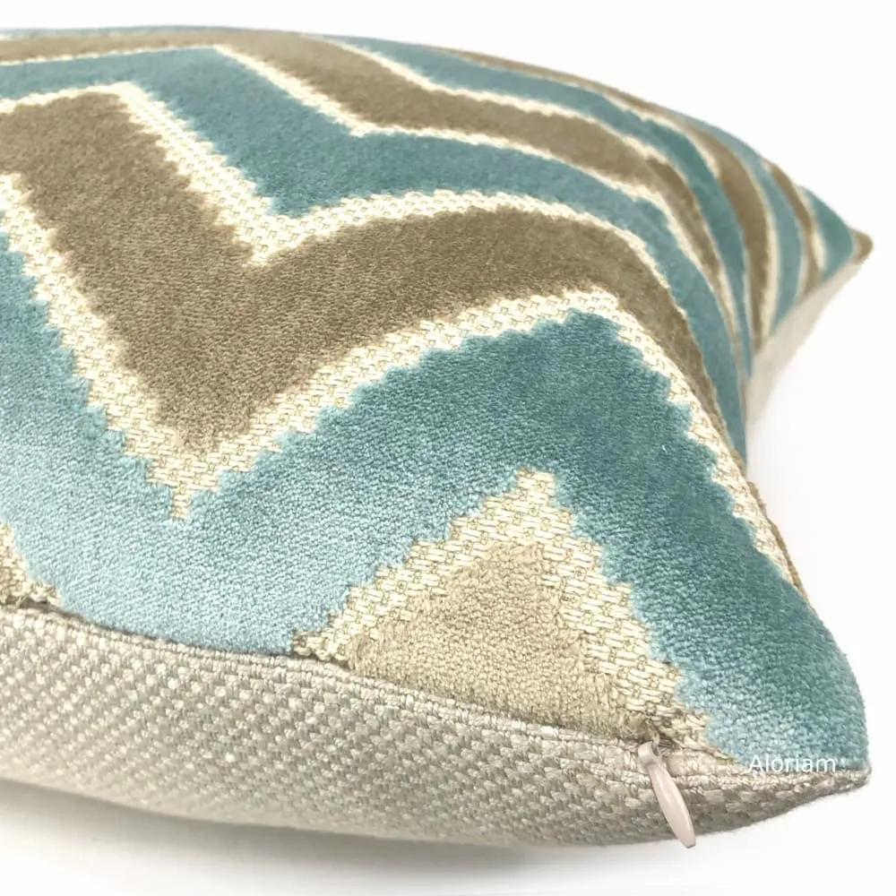 Malibu Robins Egg Blue & Taupe Beige Velvet Chevron Pillow Cover