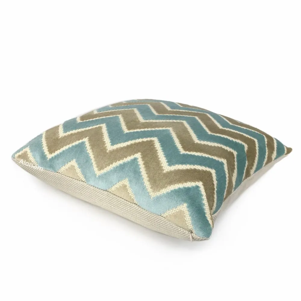 Malibu Robins Egg Blue & Taupe Beige Velvet Chevron Pillow Cover