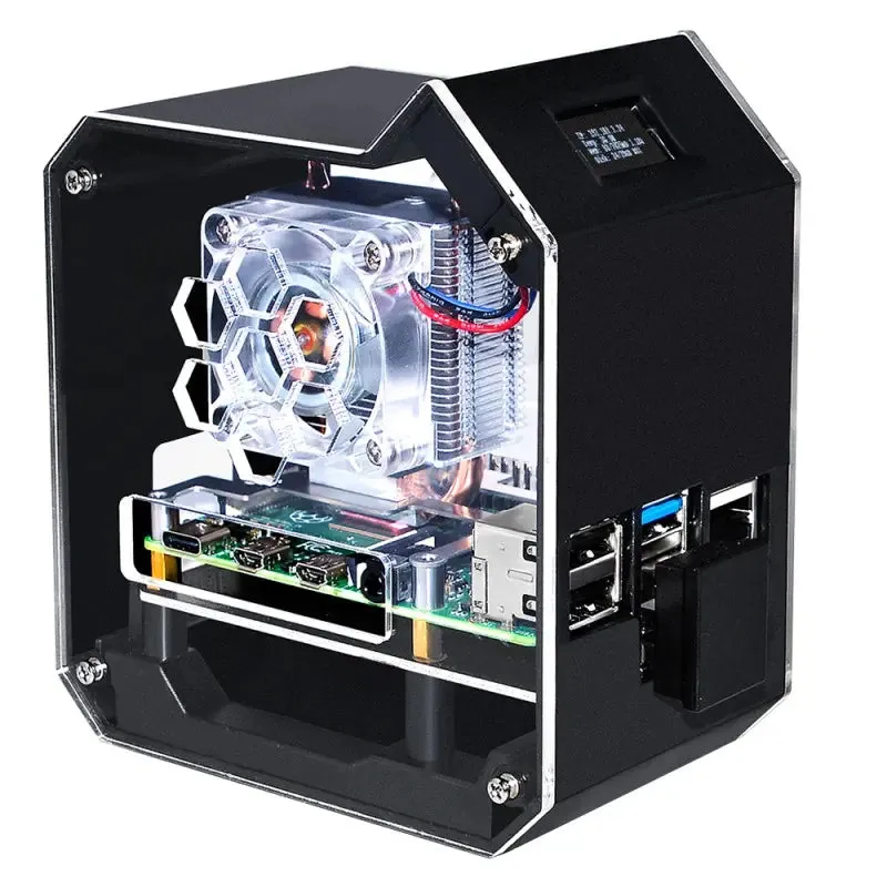 Mini Tower NAS Kit for RPi 4B, 2TB M.2 SATA SSD, Heat Dissipation, OLED Screen