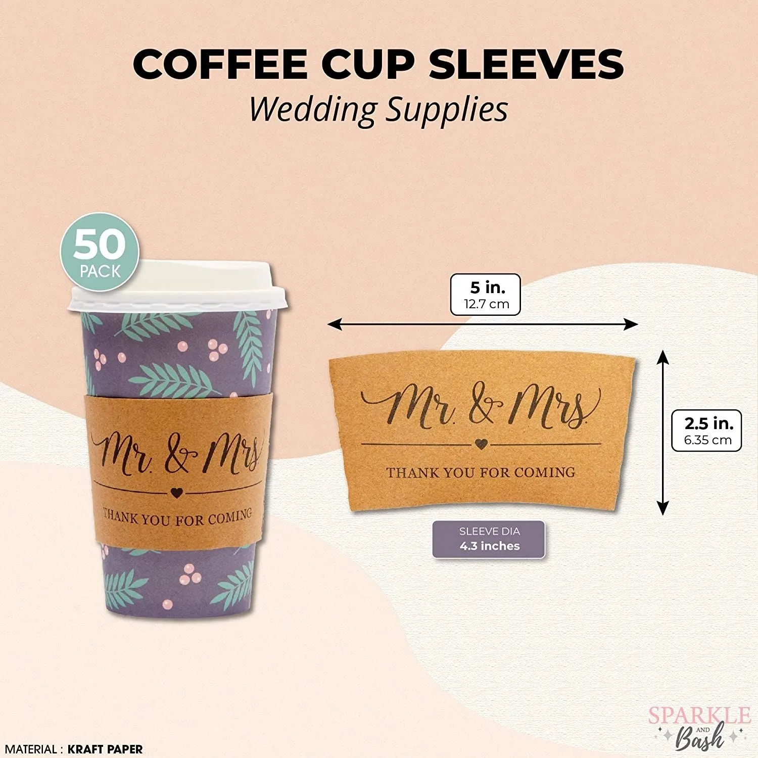 Mr. and Mrs. Drink Sleeves for Coffee Cups, Thank You (4.4 x 2.5 In, Kraft Paper, 50 Pack)