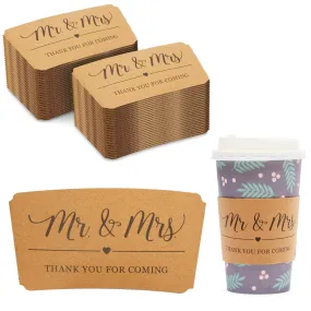 Mr. and Mrs. Drink Sleeves for Coffee Cups, Thank You (4.4 x 2.5 In, Kraft Paper, 50 Pack)