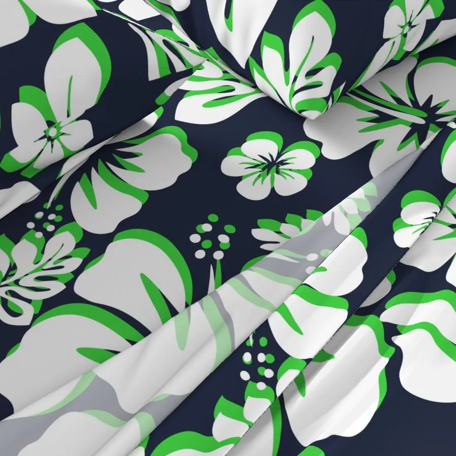 Navy Blue, Lime Green and White Hawaiian Flowers Sheet Set from Surfer Bedding™️ Medium Scale