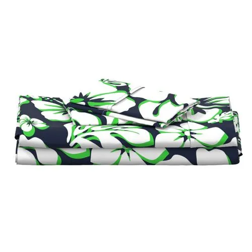 Navy Blue, Lime Green and White Hawaiian Flowers Sheet Set from Surfer Bedding™️ Medium Scale