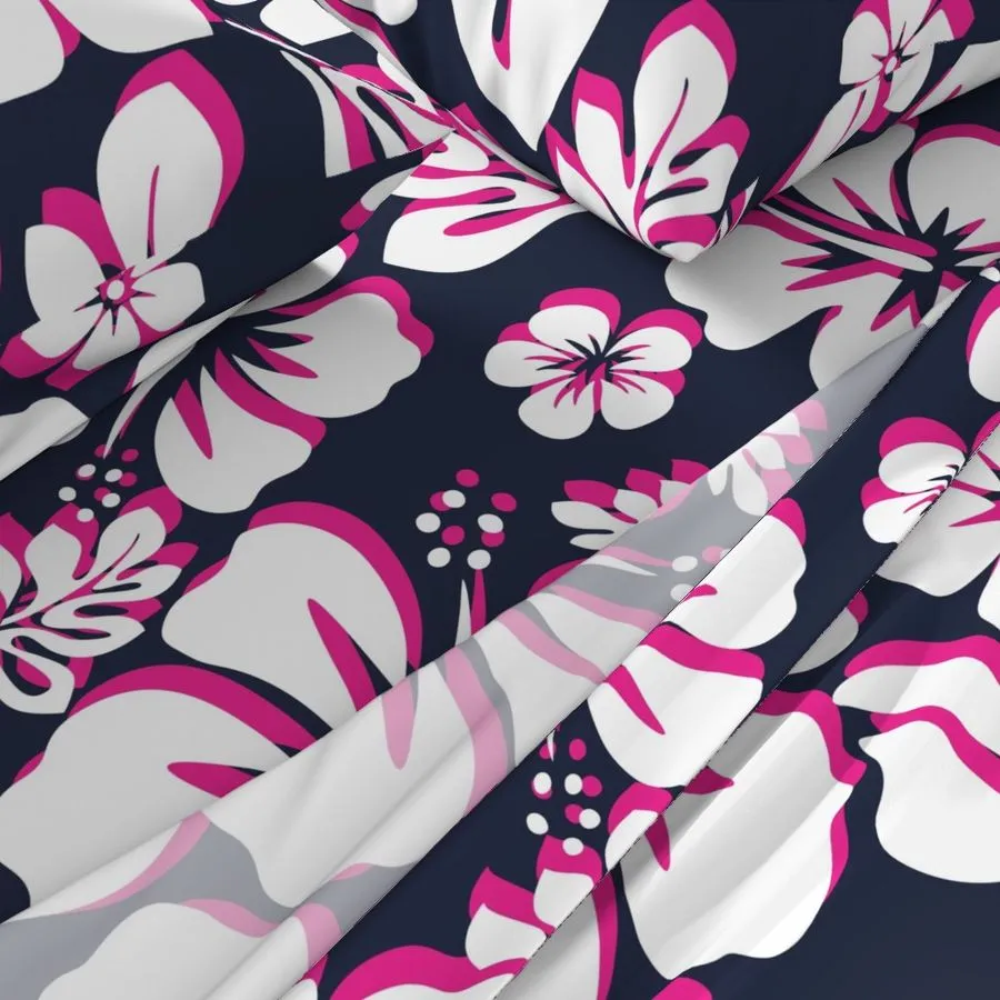 Navy Blue, Surfer Girl Pink and White Hawaiian Flowers Sheet Set from Surfer Bedding™️ Medium Scale