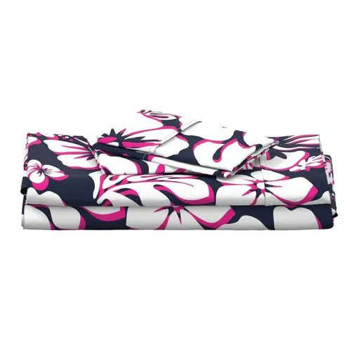 Navy Blue, Surfer Girl Pink and White Hawaiian Flowers Sheet Set from Surfer Bedding™️ Medium Scale