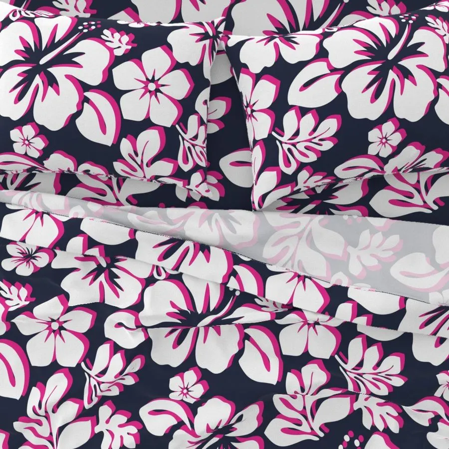 Navy Blue, Surfer Girl Pink and White Hawaiian Flowers Sheet Set from Surfer Bedding™️ Medium Scale