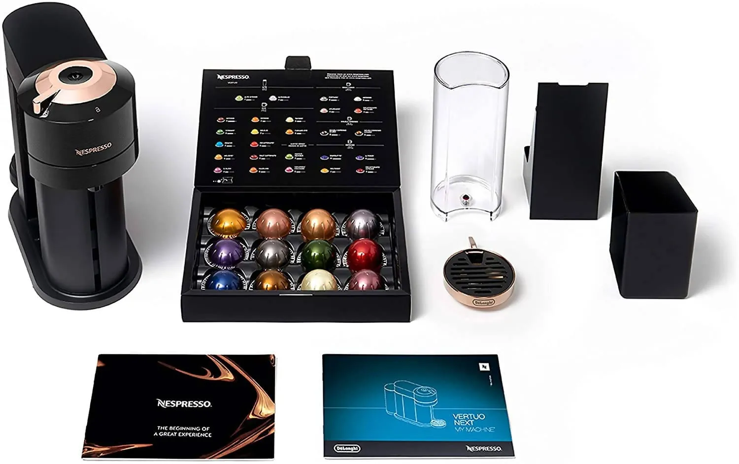 Nespresso by De'Longhi Vertuo Next Coffee and Espresso Machine (Rose Gold) brews drinks using coffee capsules, each of which includes a barcode that automatically adjusts the brewing parameters for ideal extraction - NESC-408-1030