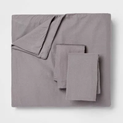 New - 2pc Twin/Twin Extra Long Washed Cotton Sateen Duvet Cover and Sham Set Dark Gray - Threshold