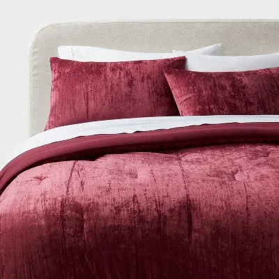 New - 3pc King Luxe Distressed Crinkle Velvet Comforter and Sham Set Berry Red - Threshold